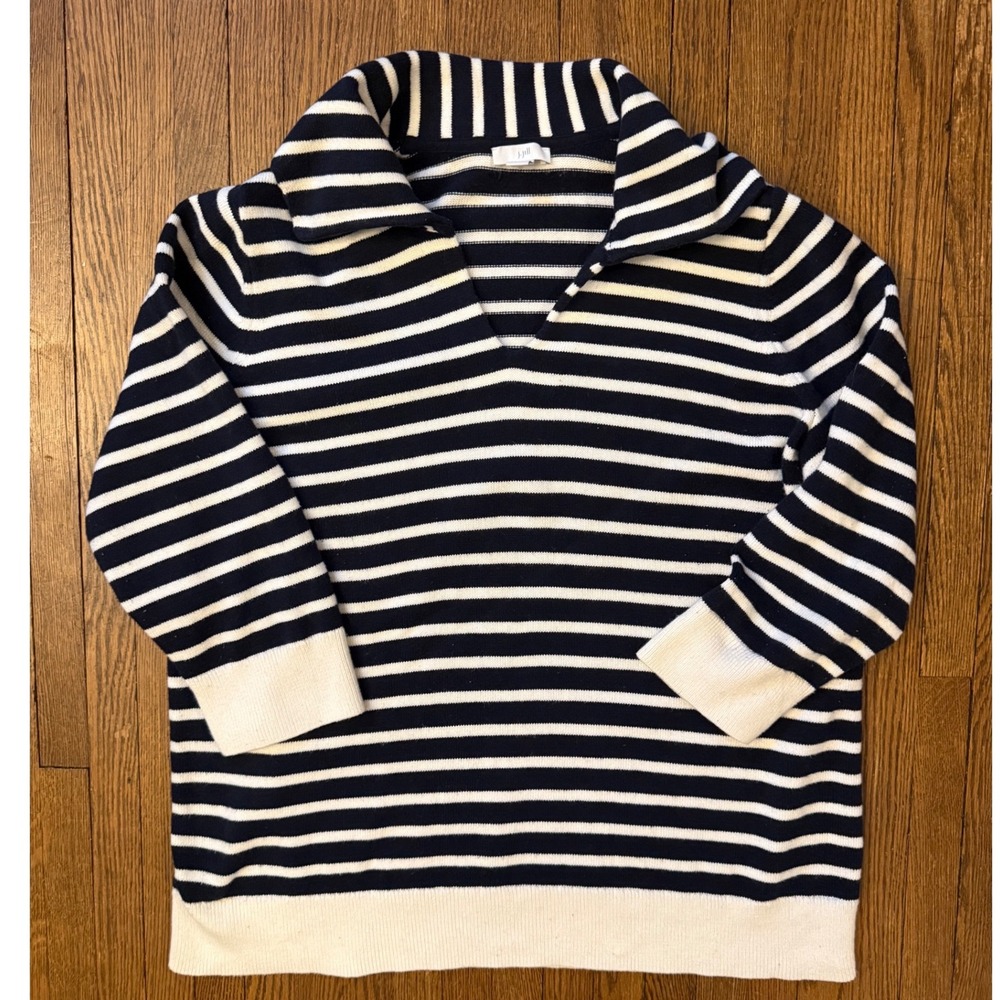 J. Jill Womens Navy Blue White Striped V-Neck Collar Sweater Size M
